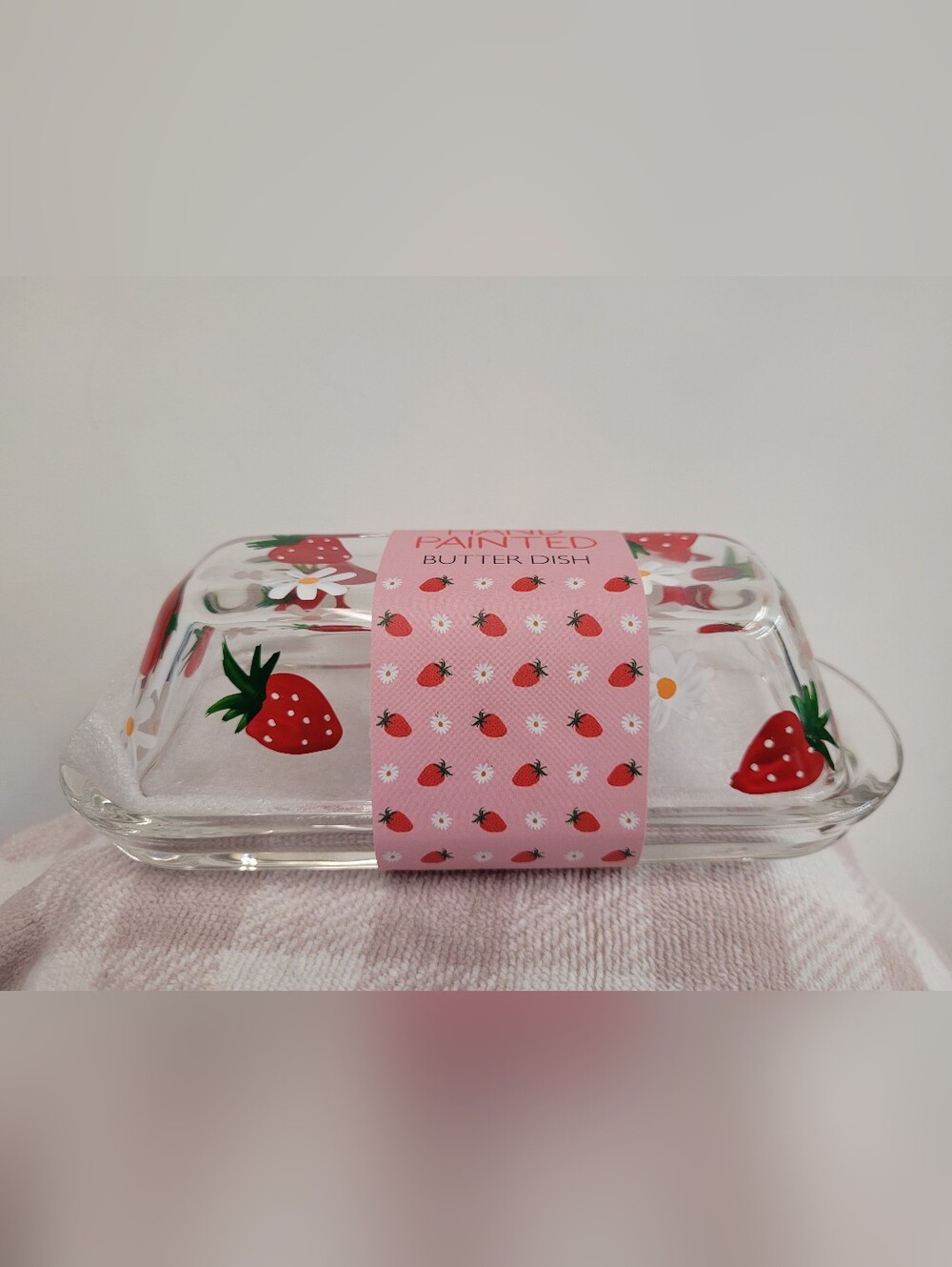 NEW Handpainted Strawberry Butter Dish - Pink & Red